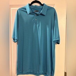 Men’s XL PGA tour Teal Striped Golf Polo Shirt, short sleeve, all over stripes